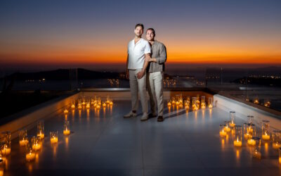 A Luxury Editorial Santorini Rooftop Proposal: Sean & Chris